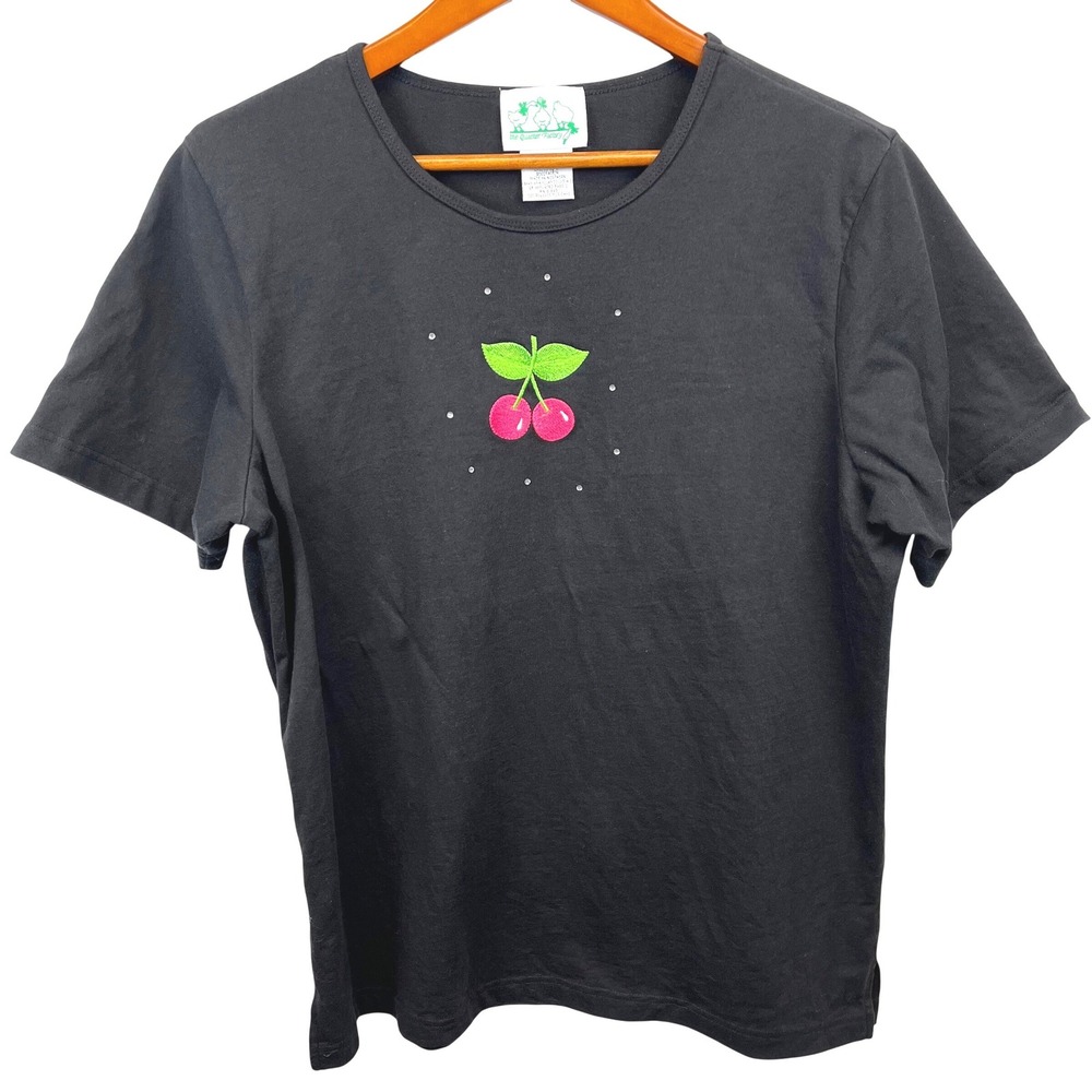 The Quacker Factory Black Cherry Rhinestone Embroidered T Shirt Women's XLarge‎